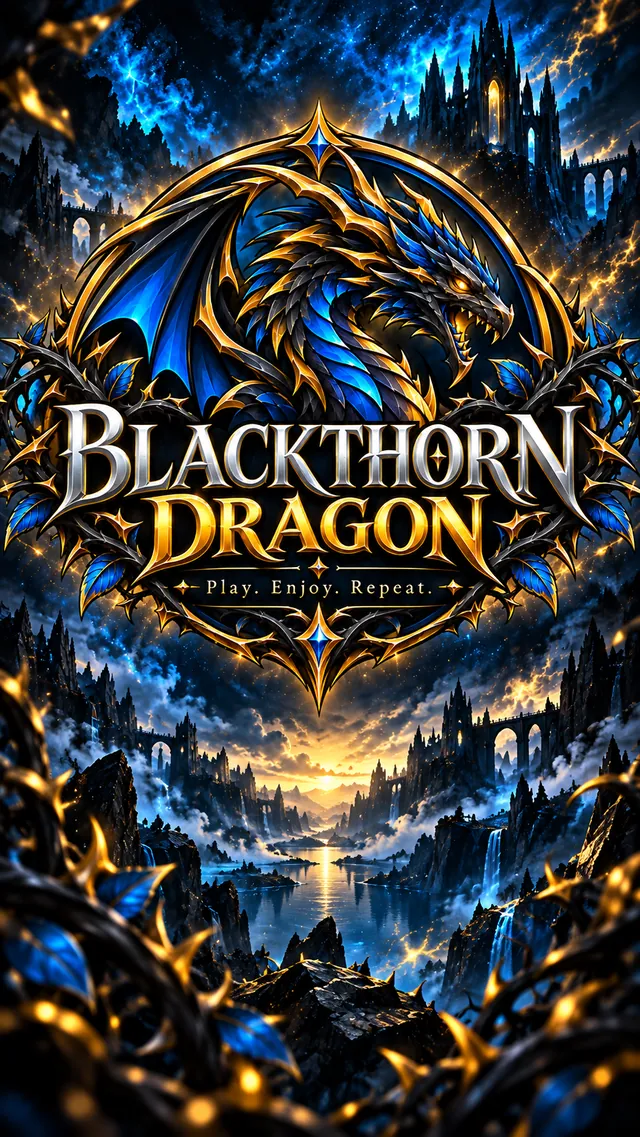 The Blackthorn Dragon emblem rising over a misty valley of gothic castles and waterfalls