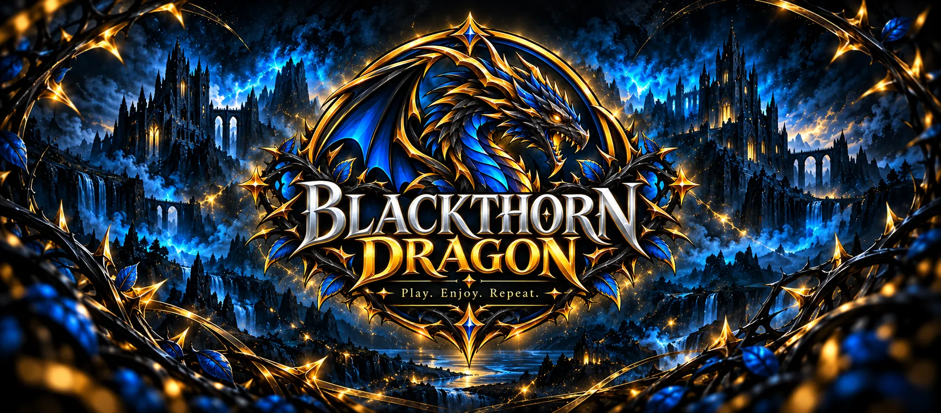 Blackthorn Dragon emblem: a blue and gold dragon wrapped in thorns above a moonlit gothic valley, with the tagline Play. Enjoy. Repeat.